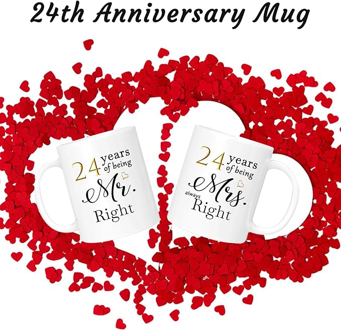 24th Anniversary Coffee Mugs Set of 2, 24 Year Anniversary Wedding Gifts Decorations for Couple Parents Men Women Husband Wife Him Her, Gift Box Packaging, 11oz