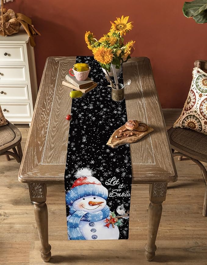 Snowman Christmas Table Runner - 70 Inch Long, Black Xmas Winter Snowflake Dining Table Runner Dresser Scarves, Rustic Let Snow Bird Christmas Decor for Coffee Table Wedding Party Banquet, 13x70 in