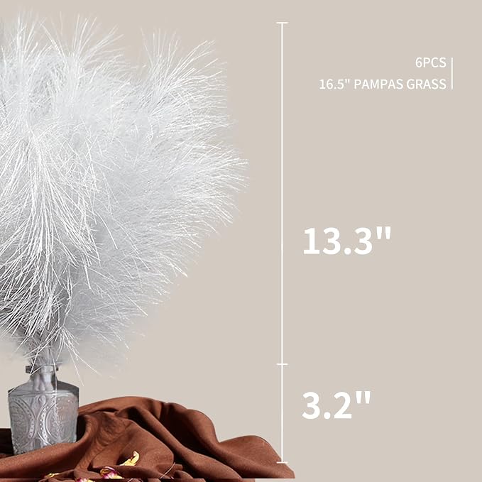 ZIFTY Pampas Grass Silver Decor 6-Pcs 17" Faux Pompas Fluffy Artificial Pompous Grass Fake Flower Bulrush Reed Grass for Vase Filler Ins Style Modern Home Christmas Wedding Decorations(Silver)