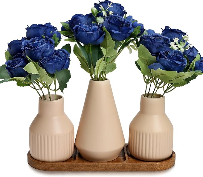 Flower Table Centerpiece - Dining Table Centerpiece Decor Set of 3 Fake Peonies in Ceramic Vases & Wood Tray Modern for Kitchen Island Living Room Coffee Table Home Decor (Royal Blue)