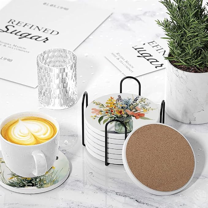 Spring Drink Absorbent Coasters with Holder Set of 6, Ceramic Stone with Cork Base, Watercolor Floral Wildflowers Coaster for Drinks, Gift for Housewarming Room Bar Home Decor Kitchen