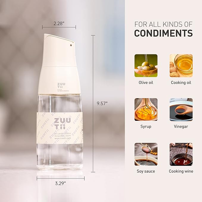 Zuutii Olive Oil Dispenser, Drip Free Spout Oil Container for Kitchen.Vinegar Dispenser, Glass Bottle for Cooking,500ML,Light Cream