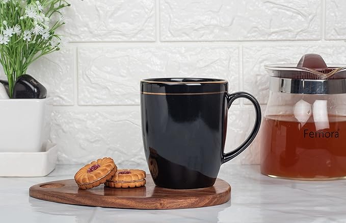 Femora Handcrafted Ceramic Coffee Mugs Indian Golden Line Set of 2 (11 oz), Cappuccino Cups, Coffee Cups, British Coffee Cups, Porcelain Tea Set, Latte Cups, Espresso Mug.