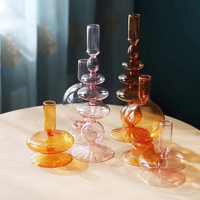 Glass Candlestick Holders Simple Creative Glass Vase Candle Holder Colorful Glass Pillar Candle Stand Candlestick Wavy Elegant Glass Candlestick for Home Centerpiece (Purple H)