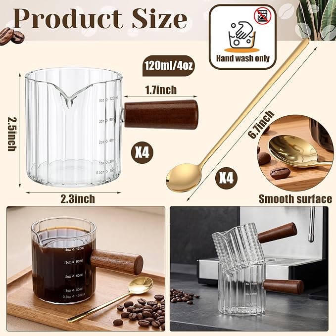 Espresso Cups Set of 4 with 4 Gold Spoons, 4 oz Espresso Shot Glasses with Wood Handle, V-shaped Spouts Cups, Milk Frothing Pitcher, Coffee Bar Accessories, Gift Set for Coffee Lovers(Clear)