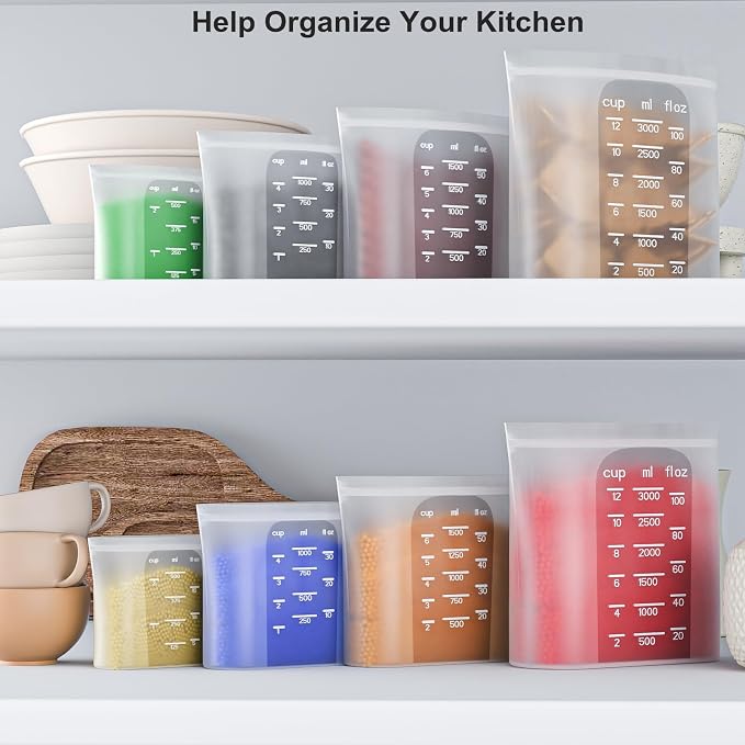 Bangp Premium Silicone Reusable Food Storage Bags,4 Pack,Stand-Up Bottom,Multi-Use Food Freezer Bag,Reclosable Silicone Bags for Marinate Meats,Salad Fruit,Home Organization,Leak-free,Dishwasher Safe