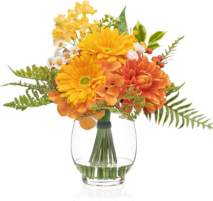 Artificial Flowers in Vase with Fake Water, Faux Silk Dahlia & Gerbera Daisy Flower Arrangements for Spring & Summer Home Wedding Birthday Wedding Party Dining Table Decor & Gift (Yellow & Orange)