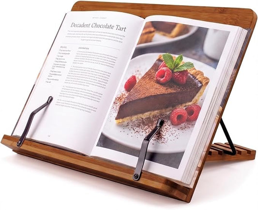 Bamboo Cookbook Stand Medium, Adjustable Book Holder Tray and Page Paper Clips - 4-Position Recipe Book Stand Holds Thick Books for Kitchen Counter, Reading, Studying, Foldable - Medium - Walnut Color
