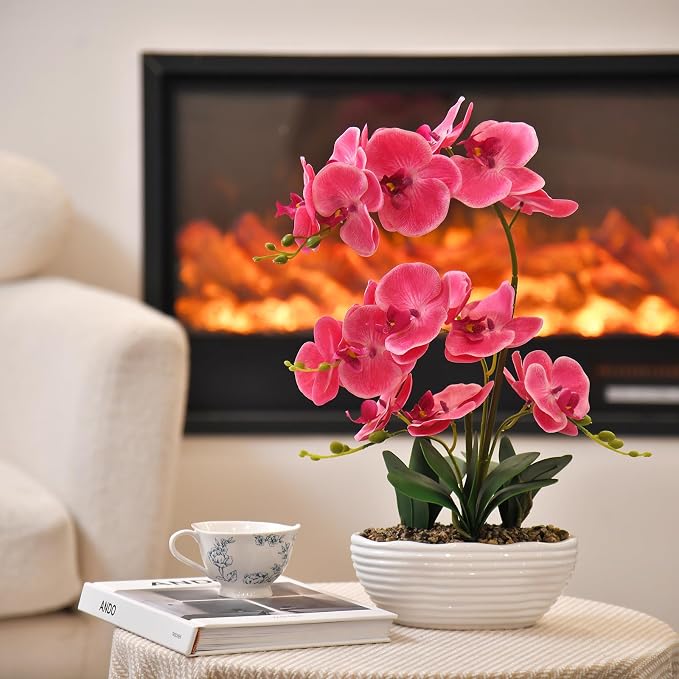 19" H Phalaenopsis Faux Orchid Plant Silk Orchid Centerpiece Artificial Floral Arrangement in Ceramic Pot (Rose Red)