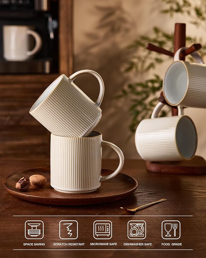famiware Coffee Mug Set for 6, Star 16 oz Catering Mugs Cup Set with Handle for Coffee, Tea, Cocoa, Milk - Ceramic Stoneware Drinkware Set, Cappuccino White