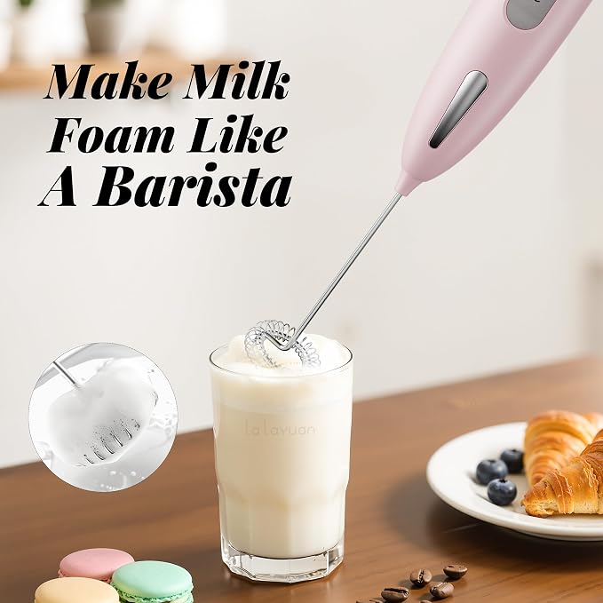 Electric Milk Frother, Three speed adjustment, USB Rechargeable Cordless Hand Blender with Sticky Stand Included, Portable Kitchen Stainless Steel Egg Beater, Mixed Drinks, Coffee Stirrers (Pink)