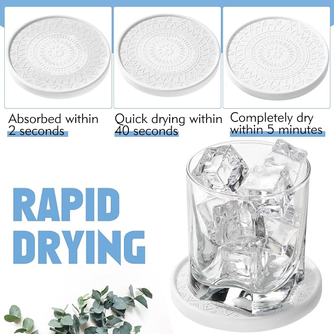 Photect Diatomaceous Earth Coasters Set with Holder Absorbent Stone Drink Coasters Instant Drying Tray for Tabletop Protection Home Decoration Housewarming Gift(White,4 Pcs)