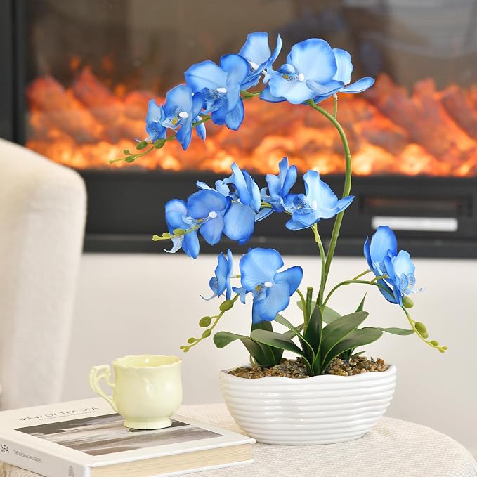 19" H Phalaenopsis Faux Orchid Plant Silk Orchid Centerpiece Artificial Floral Arrangement in Ceramic Pot (Blue)