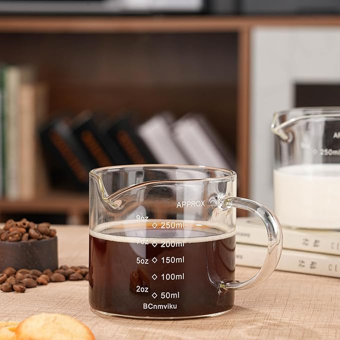 Espresso Cup Measuring Cup Triple Pitcher Milk Cup 250ML/8.5OZ Espresso Cups with Handle Shot Glass with V-Shaped Mouth Milk Frothing Pitcher (Single mouth)