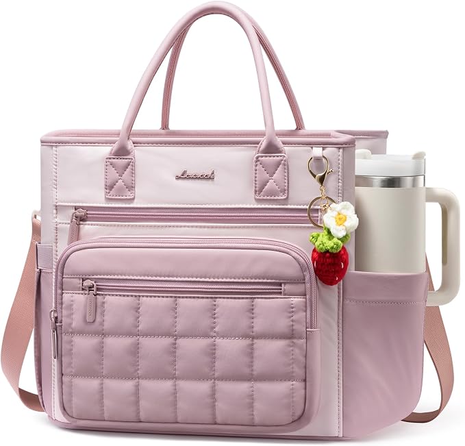 LOVEVOOK Insulated Lunch Bag Women,Puffer Adult Lunch Box for Women with Handmade Strawberry Charm,Wide Opening Leakproof Cooler Bag with Cup Holder for Work Picnic Beach Family College Mom Teacher