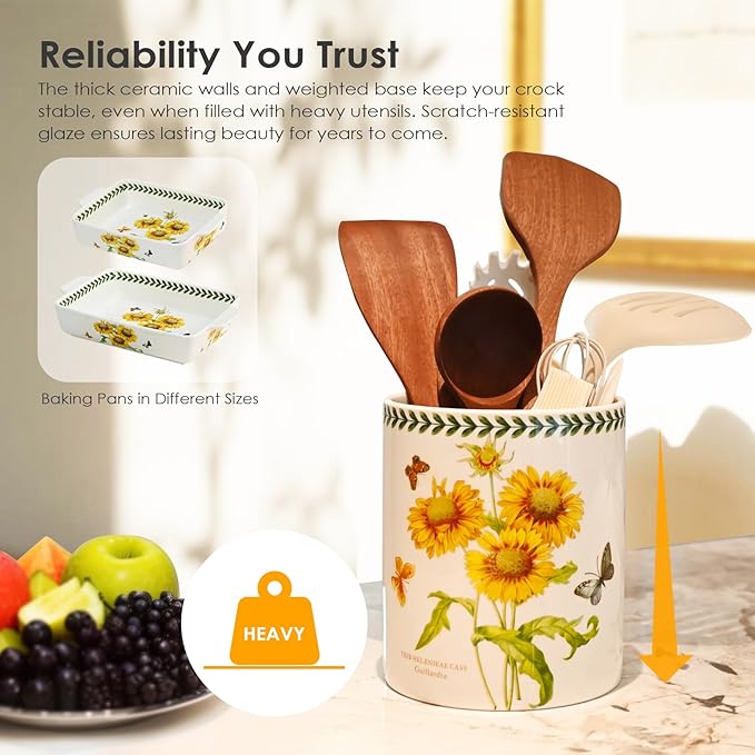 ACMLIFE Kitchen Utensil Holder Extra Large, 7.3" Cooking Utensil Holder, Ceramic Kitchen Organizer Counter, Fruit Basket, Vase, Ice Bucket for Parties, Gift & Dinning Decor, Chrismas (Sunflower)