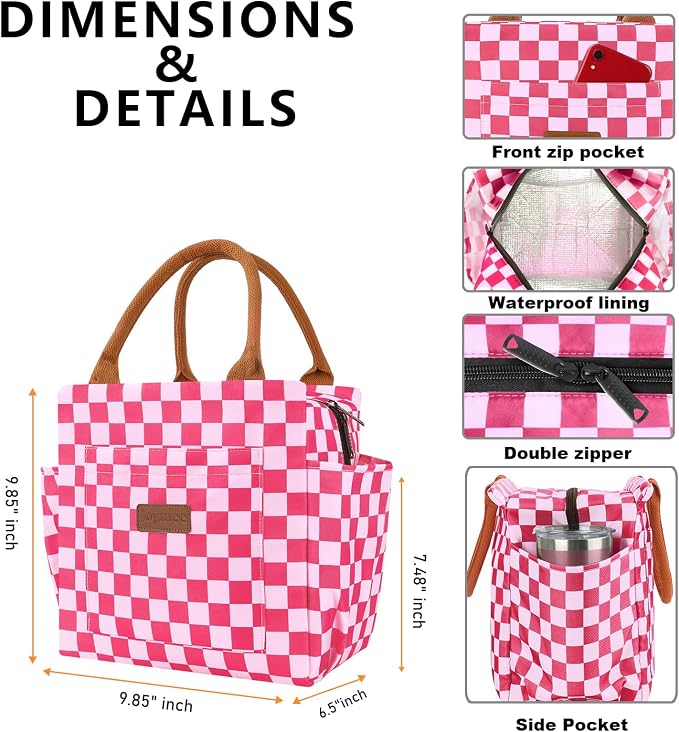 Joymee Lunch Bag Women, Reusable Leakproof Cooler Tote - Checker Pink | Spacious Storage, Bottle Holder & Pockets, Leakproof Insulated, for Work, Travel, Picnic, Daily Use, for Adult