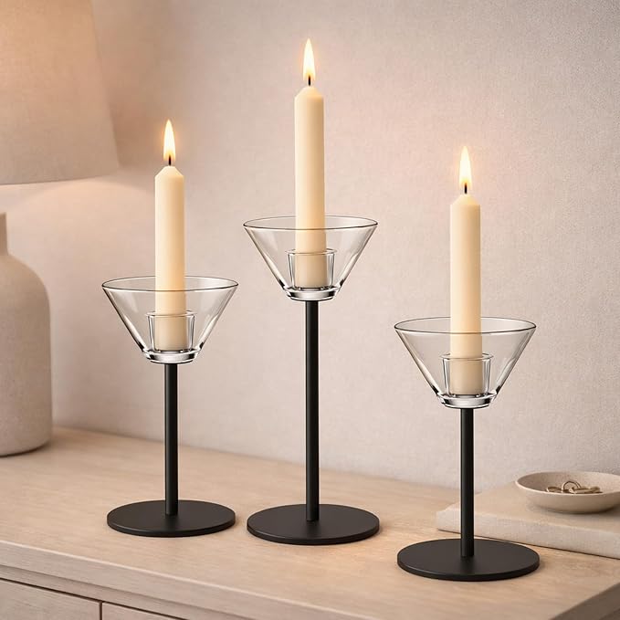 Smytle Clear Glass Taper Candle Holders Set of 3, Transparent Votive Tea Light Candle Holders with Weighted Black Metal Base, Glass Candle Sticks Holder Home Decor for Dining Table, Wedding
