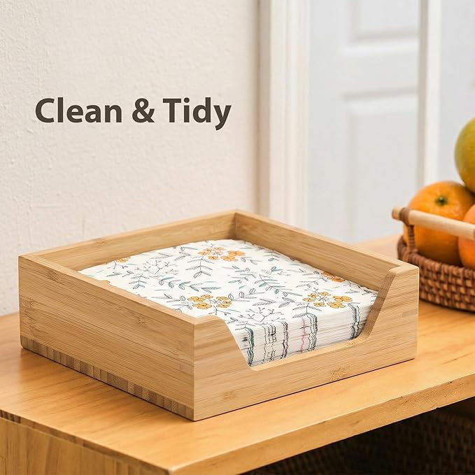 Bamboo Napkin Holder, 7.36" x 7.36" x 2.16" Napkin Holder for Table with Large Side Opening for Easy Access, Large Storage Square Napkin Dispenser, Home Kitchen Dining Tabletop Decor