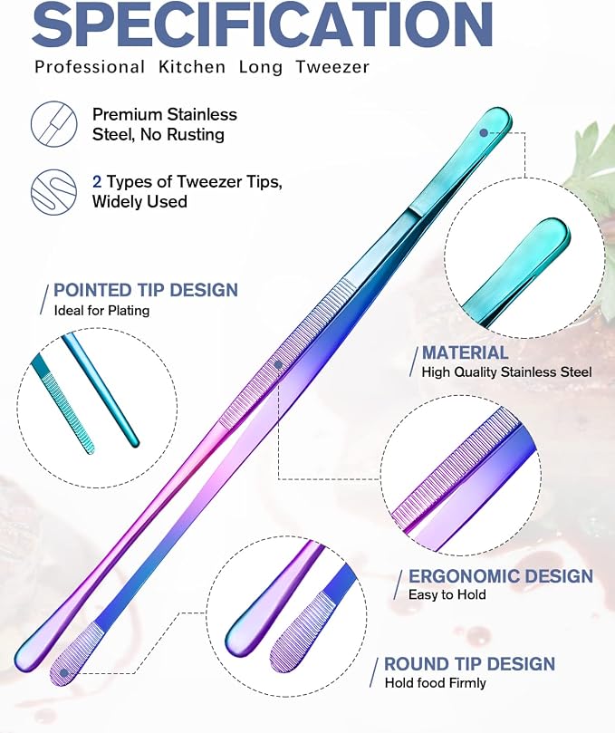 4 Pcs Fine Long Tweezer Tongs Professional Rainbow, 12'' and 10'' Stainless Steel for Kitchen, Food, Cooking, Repairing, Sea food and BBQ