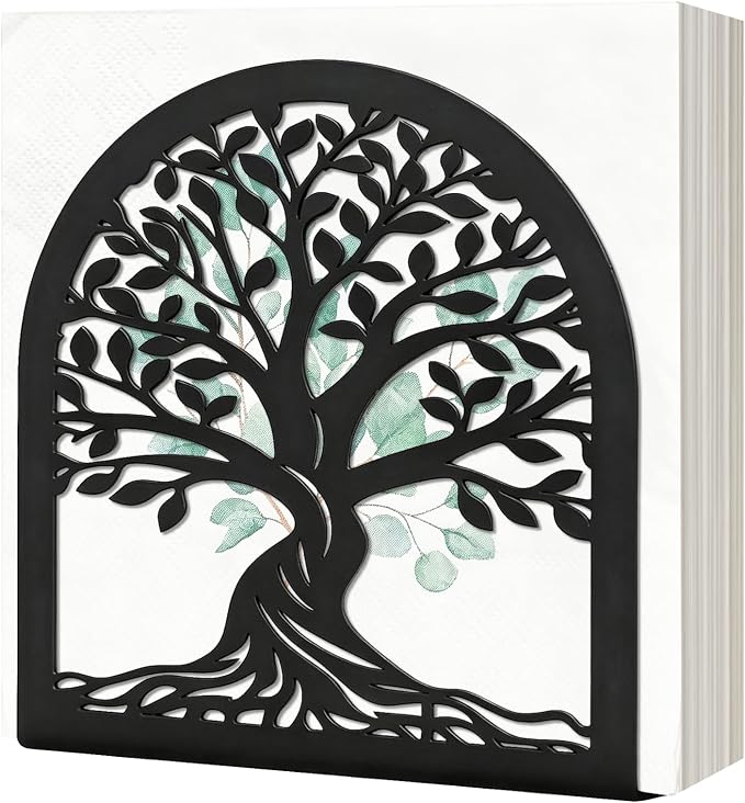 Napkin Holder for Table, Tree of Life Decorative Metal Napkin Dispenser for Kitchen Dining, Countertop, Coffee Bar Tabletop Decor, Restaurant and Outdoor Use, Black