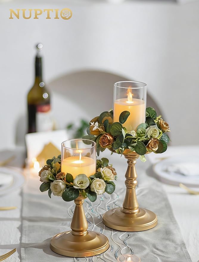 NUPTIO Large Candle Holder Set: 2pcs Large Gold Stand for 4" Diameter Pillars - Vintage Metal Pedestal for Dining Table Centerpieces Decor