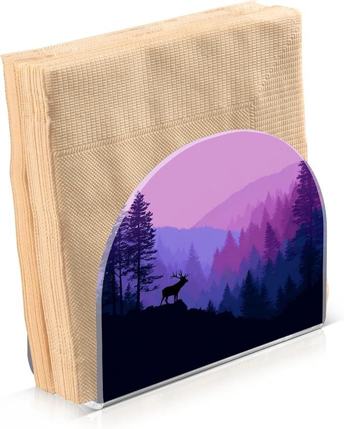 Napkin Holder Acrylic Cocktail Napkin Holder for Table Kitchen Party Restaurant Bar U Shaped Upright Napkin Dispenser Organizer Purple Stag Mountains and Forest