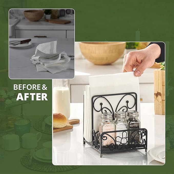 Napkin Holder – Metal Napkin Storage with Salt and Pepper Caddy (Shakers Not Included), Modern Napkin Dispenser for Table or Kitchen Countertop, Servilletero for Farmhouse Décor