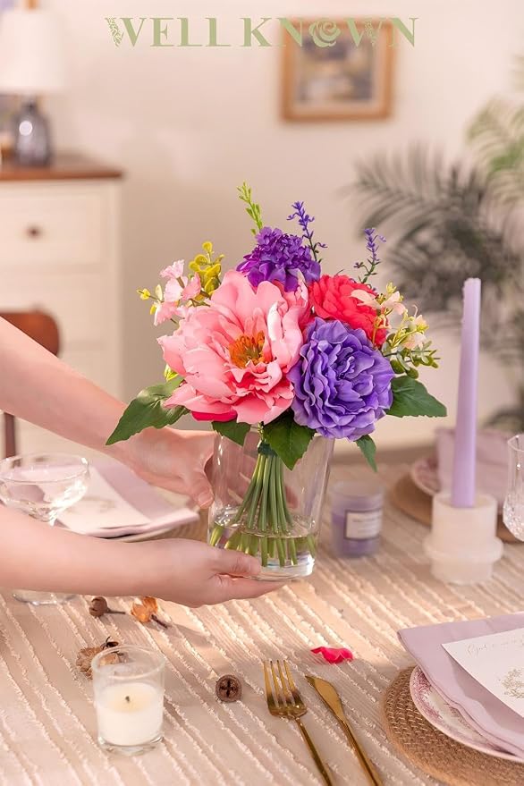 WELL KNOWN Artificial Flowers in Vase with Fake Water, Pink & Purple Silk Flowers Fake Ranunculus Peonies Lilac Bouquet for Home Wedding Party Dining Table Baby Shower Decor & Birthday Gift (Violet)