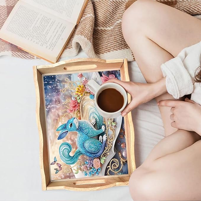 DIY Diamond Serving Tray Diamond Art Painting Creative Design Handmade Wooden Tray Dinner Plate for Coffee Breakfast Home Organizer-Blue Rabbit