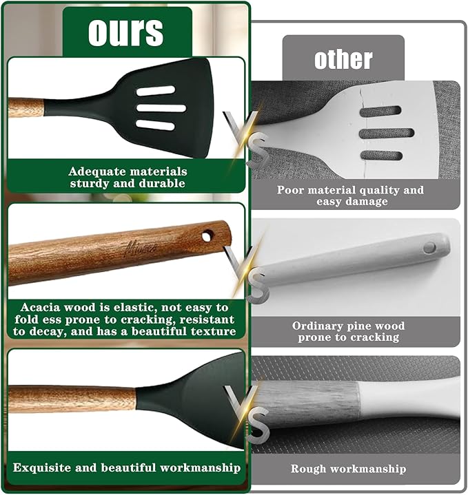 Non-Stick Silicone Cooking Utensils Set with Natural Acacia Hard Wood Handle, 5 Piece, High Heat Resistant (Green)