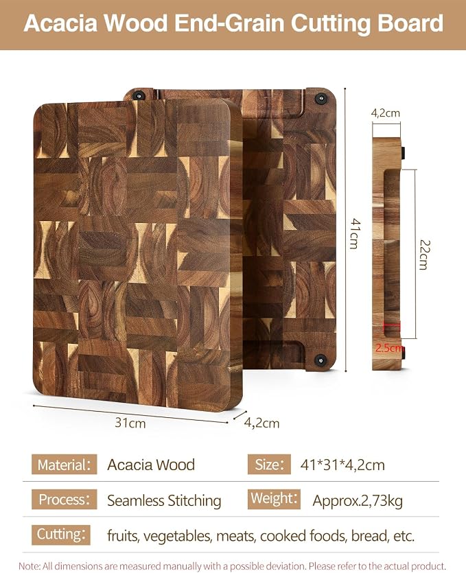 XINZUO Large Thick End Grain Acacia Wood Cutting Board -(16‘’L x 12''W x 1.6''T)-Dark Wood Cutting Board,Reversible Wooden Chopping Board with Non-Slip Feet-Catches Food and Waste-Giftbox