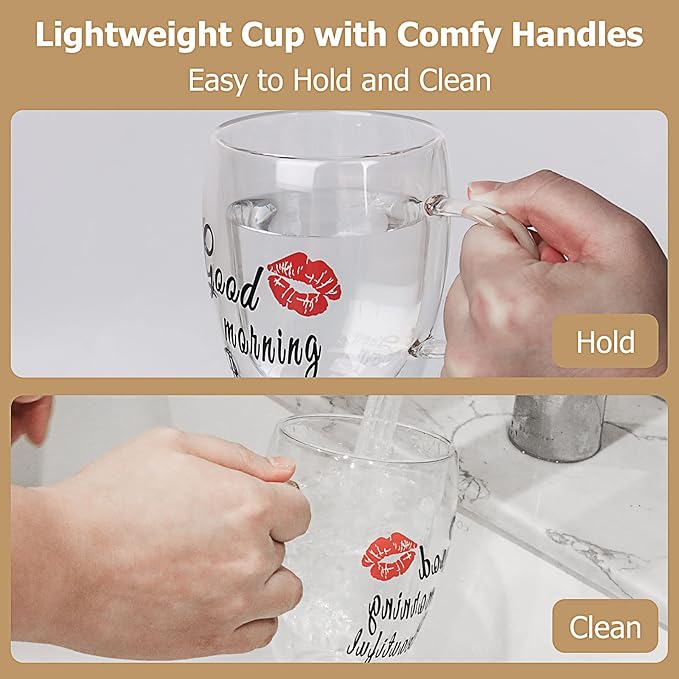 Double Wall Glass Coffee Mugs Set of 2, Clear Insulated Glass Mugs for Hot Beverages, Valentines Day Gifts, Suitable for Tea, Latte, Espresso, Cappuccino (12 oz Couple)