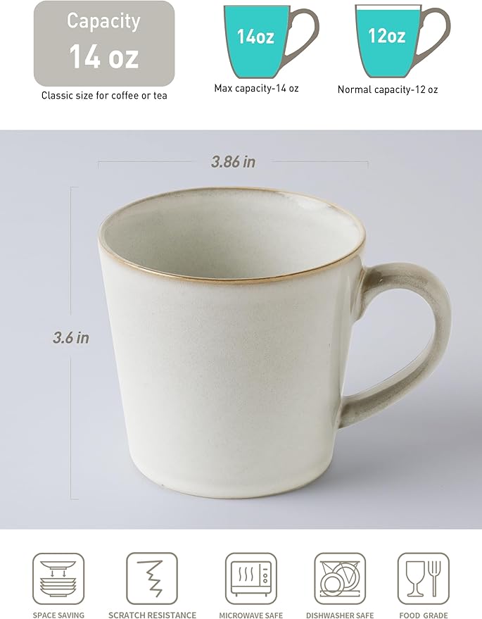 famiware Coffee Mug Set of 4, Annecy 14 oz Ceramic Reusable Cups Set with Handle, Microwavable and Dishwasherable Stoneware Drinkware Set for Tea, Milk, Water, Grey-white