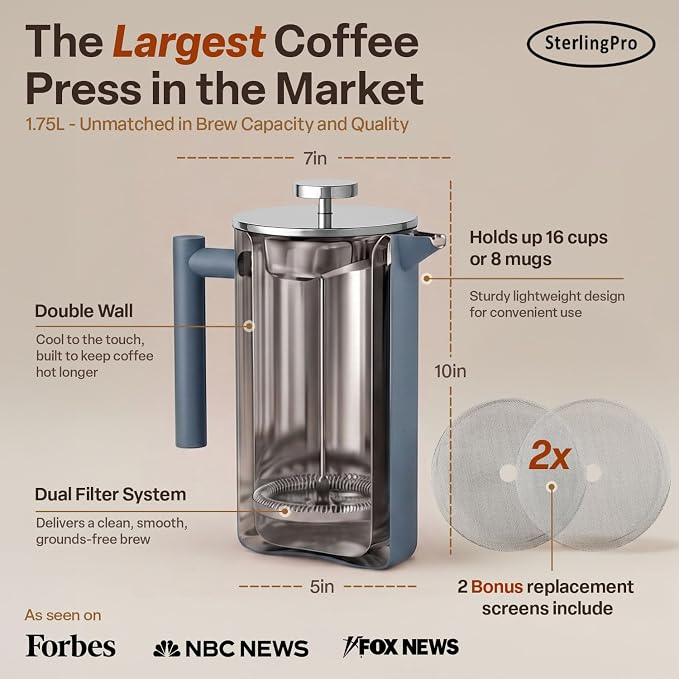 SterlingPro Non-Toxic Extra Large Insulated Stainless Steel French Press Coffee Maker 59oz – Metal XXL Double Wall French Press | Plastic Free | Cool-Touch | Blue Finish | Makes up to 16 Cups / 8 Mugs