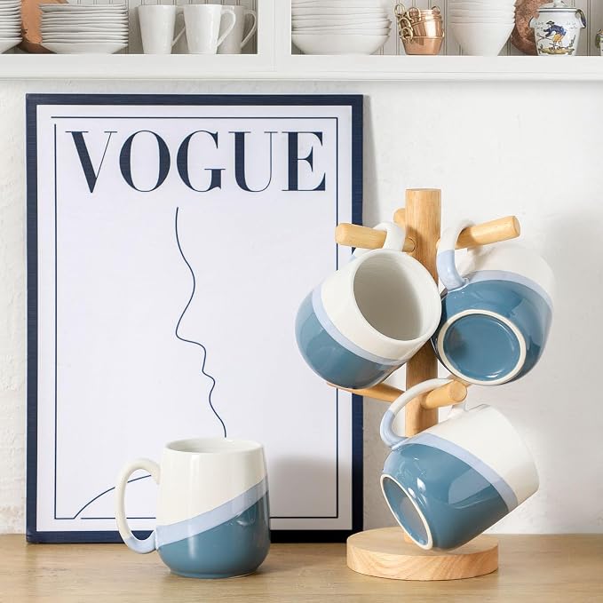 Coffee Mugs Set of 4,Ceramic 15 OZ Coffee Cups with Big Handle,Large Tea Cups for Hot Beverages,Yogurt, Cappuccino,Latte,Gift for Mom and Dad,Dishwasher Safe&Microwave Safe,White & Blue
