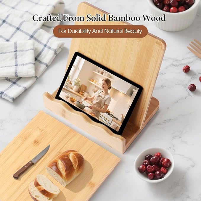 Scalloped Wooden Cookbook Stand with Removable Cutting Board – Adjustable Recipe Book Holder, Charcuterie Board & Kitchen Serving Tray – Kitchen Counte Decor/Bamboo