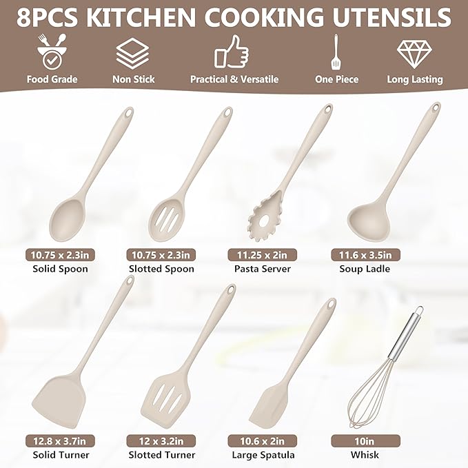 TeamFar 8 PCS Silicone Cooking Utensils - 446°F Heat Resistant Kitchen Silicon Utensils Set, Turner, Spatula, Spoon, Whisk, Kitchen Cooking Gadgets Tools for Nonstick Cookware, Dishwasher Safe-Khaki