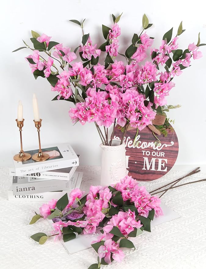 10PCS Pink Bougainvillea Artificial Silk Flowers 29.50" Fake Bougainvillea Branches Vine Faux Flower Stems for Home Garden DIY Decorations Wedding Table Centerpieces Floral Arrangements (Pink)