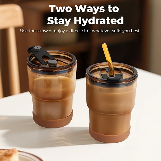 13 Oz Glass Cups with Lids and Straws, Reusable Iced Coffee Water Tumblers, Sealed Carry-On Thick Wall Drinking Cups for Cold Brew, Smoothie, Juice (2 Pack-Aurora,Black)
