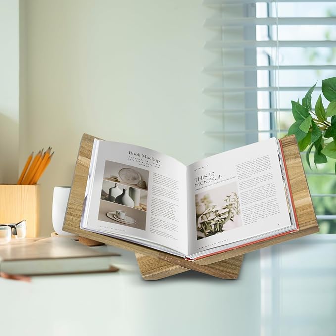 MyGift Premium Acacia Wood Kitchen Cookbook Stand – Solid Wood Recipe Holder for Countertop Cooking, Tablets & Books