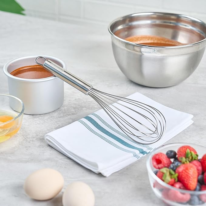 Restaurantware 11 in Stainless Steel Wire Whisk - German Standard Kitchen Balloon Whisk with Ergonomic Handle, Dishwasher Safe - Durable French Whisk for Cooking, Mixing Thick Batter and Sauce
