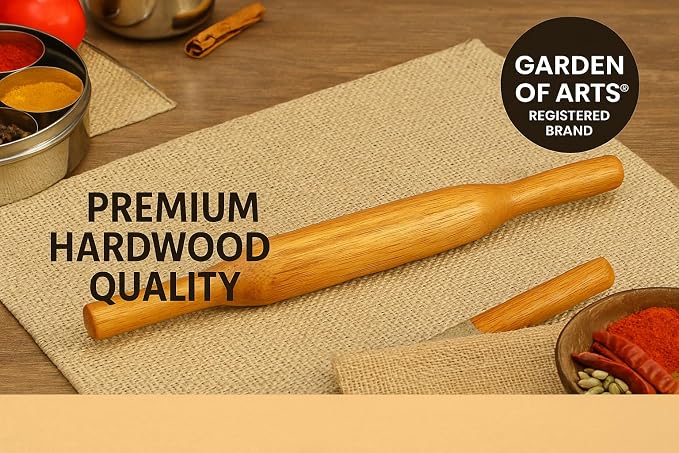 Handcrafted Wooden Rolling Pin,Belan,Belna,Traditional Belan for Roti, Chapati, Dough, Pastry – Handcrafted Hardwood Dough Roller with Easy Grip Handles – Smooth Finish (Thin Belan)