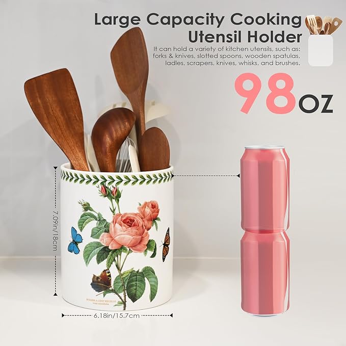 ACMLIFE Extra Large Cooking Utensil Holder, 7.3" Kitchen Utensil Holder for Countertop, Utensil Crock for Farmhouse Kitchen Decor, Ceramic Stable Utensil Caddy, Floral (Rose)