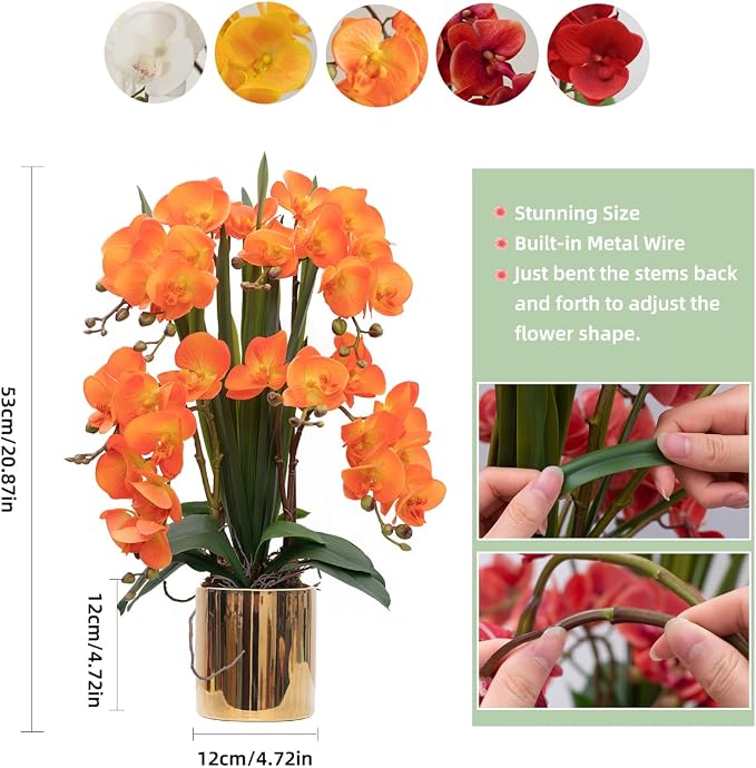 CXGS Artificial Orchid Flower Plants Real Touch Faux Orchids in Ceramic Vase 20.9'' Orange Phalaenopsis Orchid Fake Flower Arrangement Home Indoor Decor