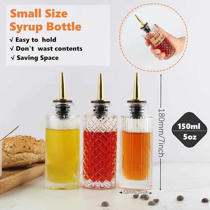 Shining Craft Syrup Dispenser Bottles Set 3 Packs 5 OZ Simple Small Syrup Bottles Set with Upgrade Metal Pour Spout SC057 (3 Pack)