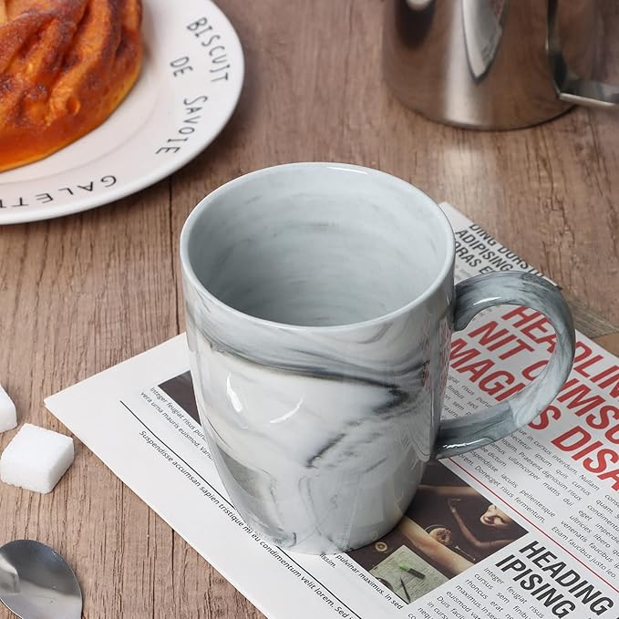 14 OZ Marble Coffee Mugs, M067 Novelty Marble Ceramic Cup for Home and Office, Microwave Dishwasher Safe, Set of 4, Gray