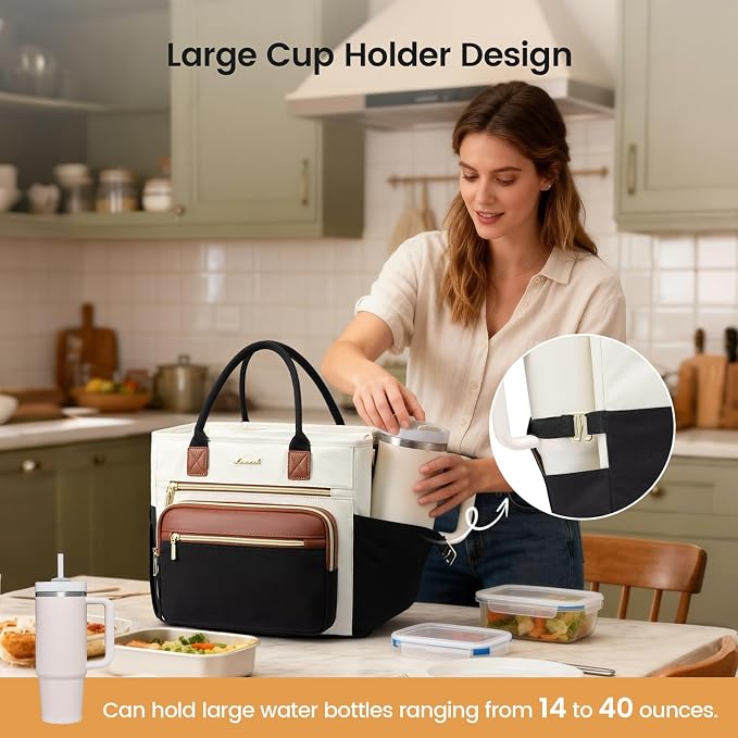 LOVEVOOK Insulated Lunch Bag Women,Wide Opening Adult Lunch Box Women with Cup Holder,Large Leakproof Cooler Bag for Work Picnic Beach Family College Mom,Lunch Teacher Tote Bag for Gift