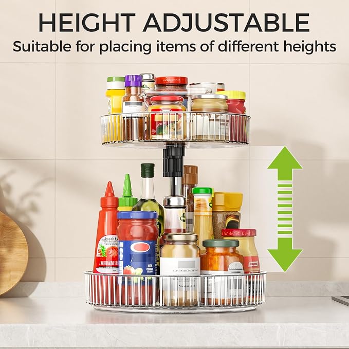 2-Tier Rotating Organizer with Handle – Adjustable Shelf, 360° Lazy Susan Turntable for Kitchen Countertop, Bathroom, Pantry – Multi-Functional Storage for Spices, Cosmetics, Snacks, Fruits