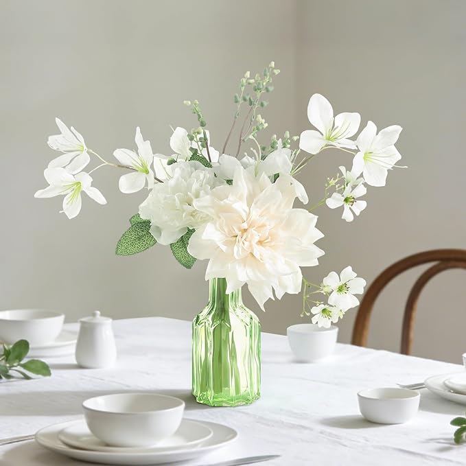 Faux Flowers with Vase,Small Artificial Silk Roses in Vase, Fake Plant Eucalyptus Flower Arrangement for Home Office Decoration, Living Room and Dining Table Centerpiece